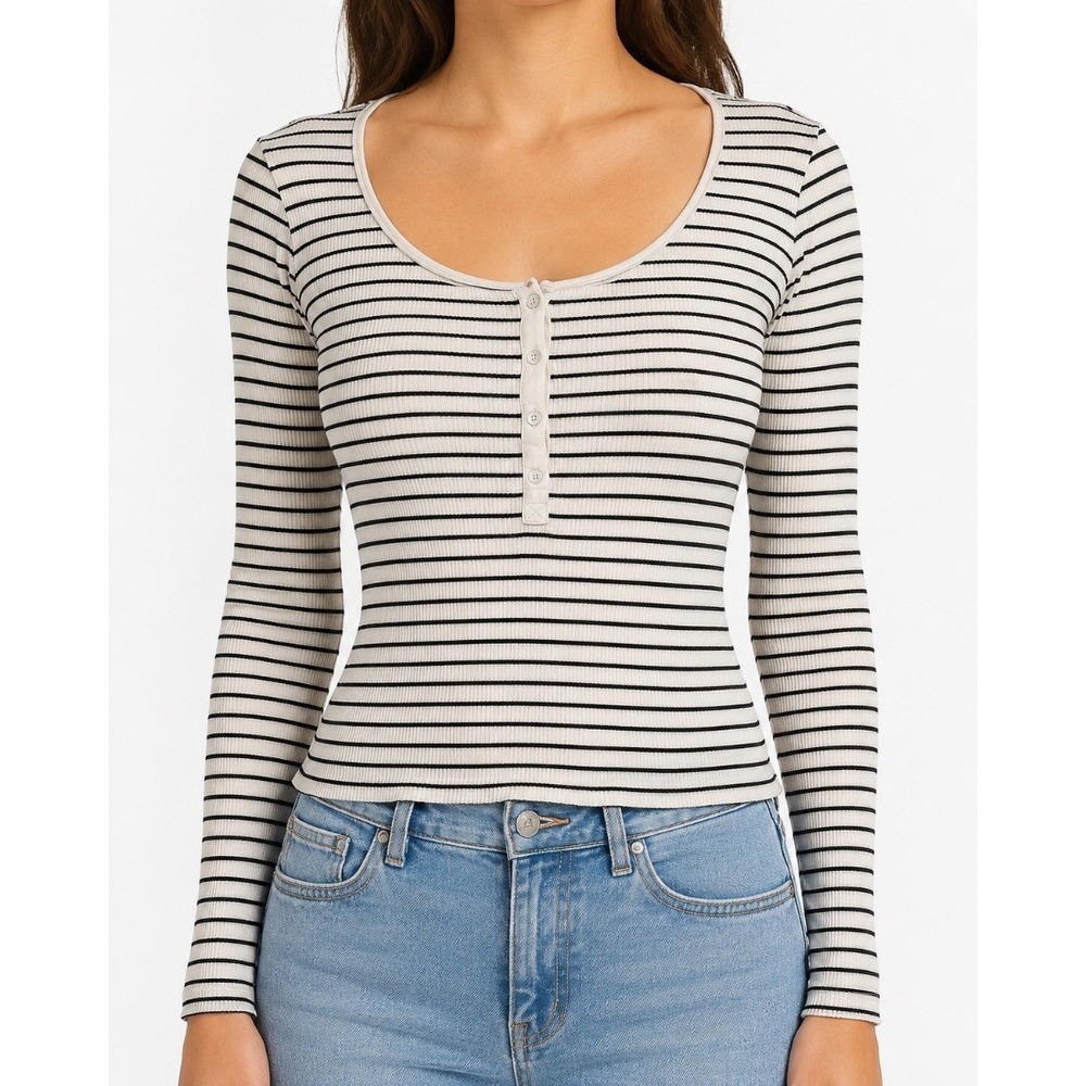 Rag Bone Jean Womens Striped Henley Long Sleeve Ribbed Top White Black L